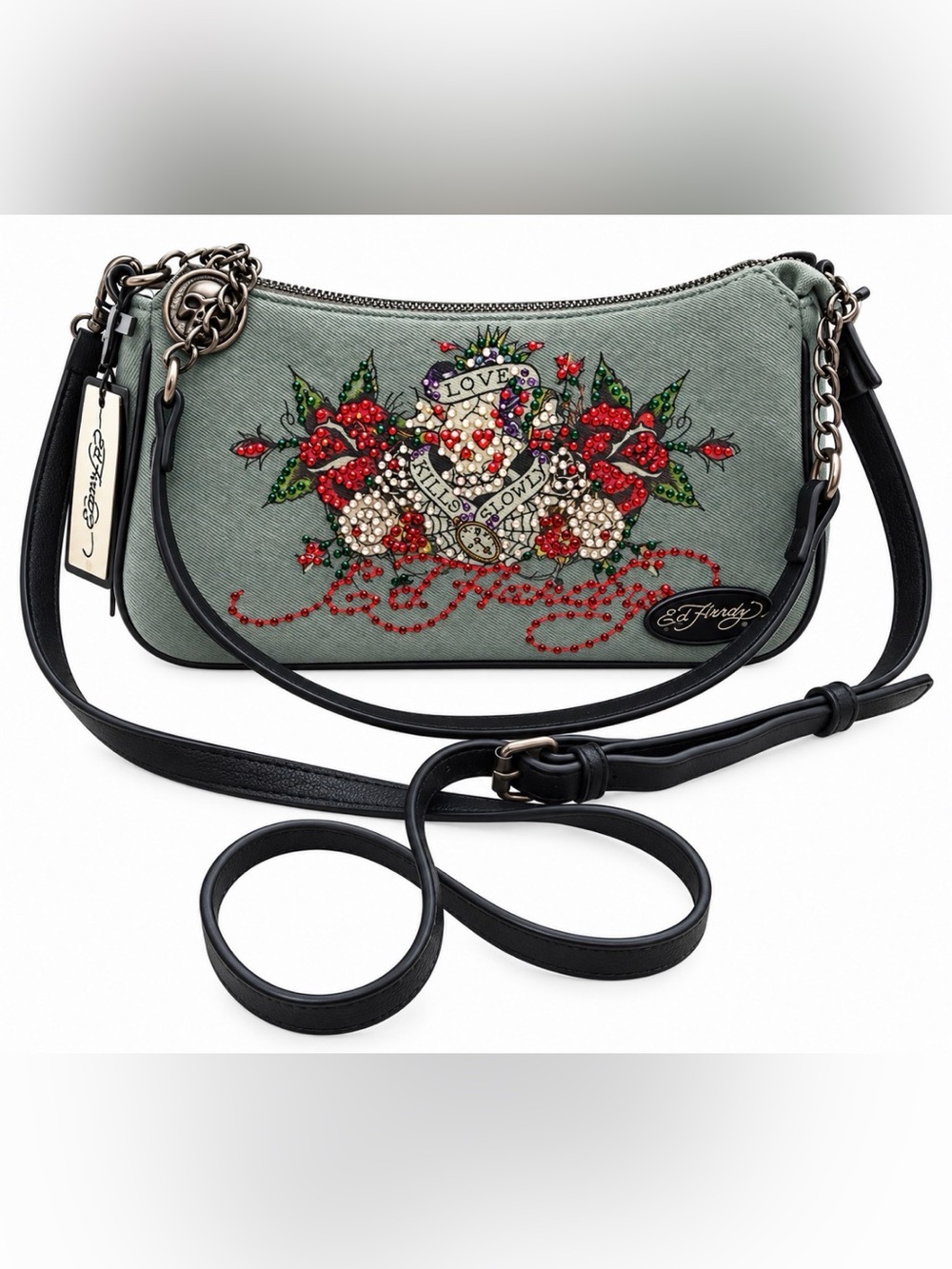 NWT Ed Hardy Light Blue Embellished Floral Canvas Shoulder Bag & Crossbody